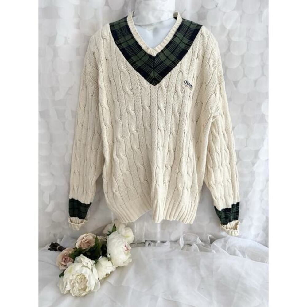 VTG Ralph Lauren CHAPS Large HANDFRAME Cream V Neck Cable Knit Sweater Preppy